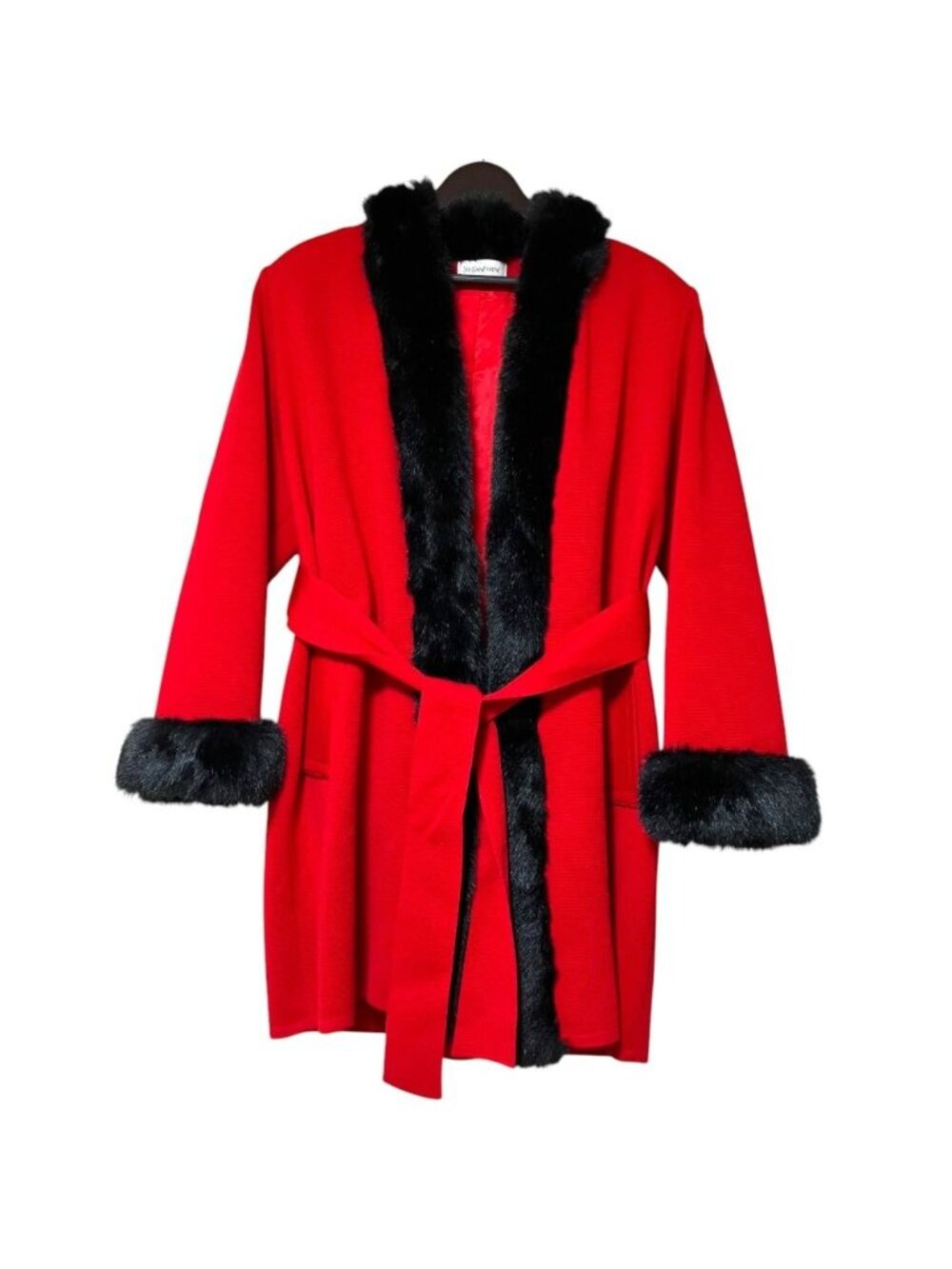 Saint Laurent Vintage Faux Fur Trim Knit Belted Coat Red Black Autumn Winter M